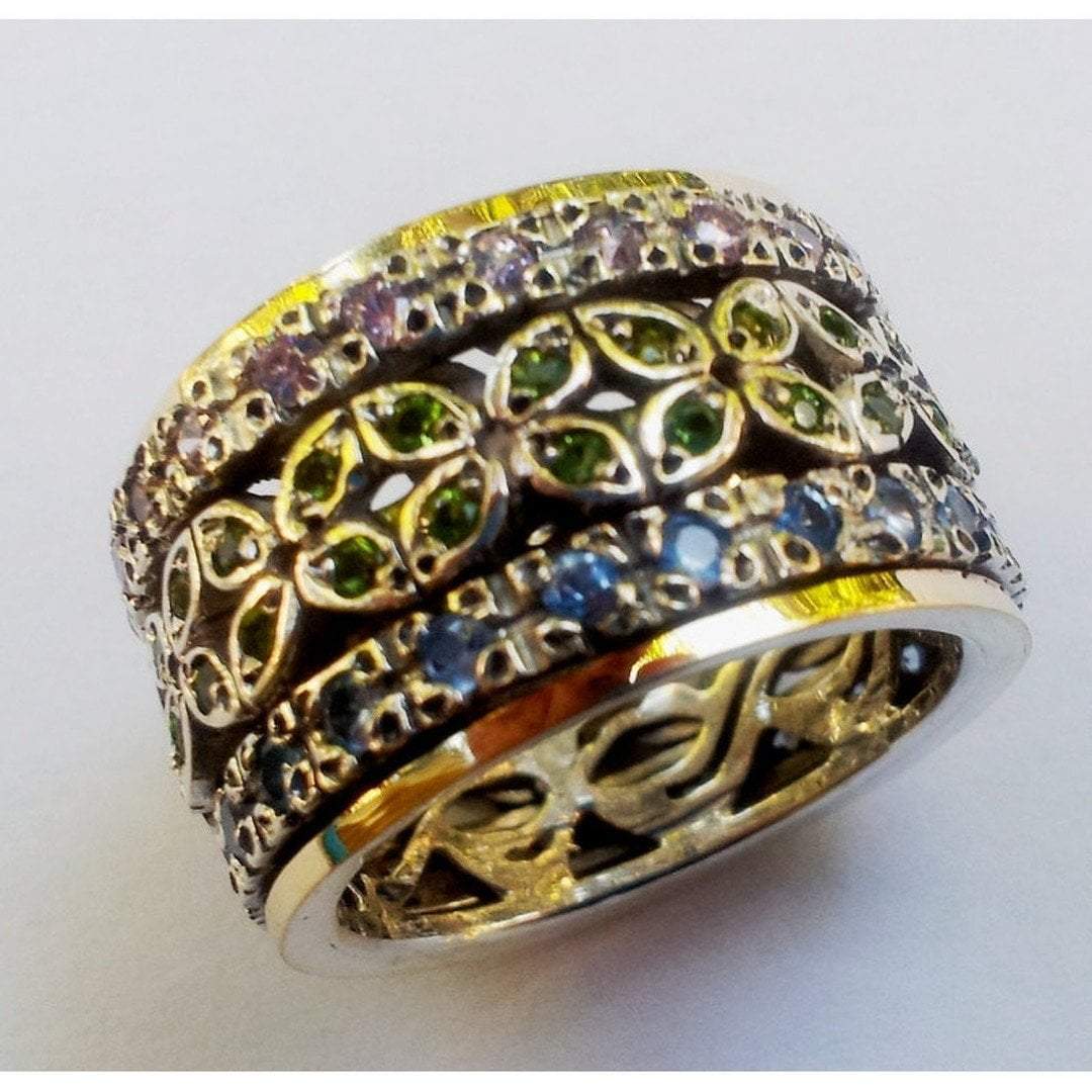 Rings from Israel Spinner Ring for woman, set green blue topaz & amethysts zircons - Bluenoemi