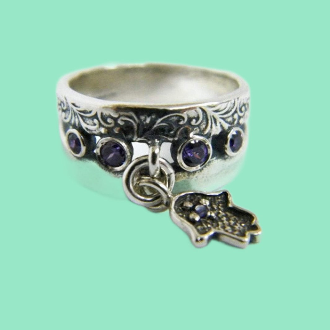 Bluenoemi Rings Sterling Silver Ring Hamsa Charms& Amethyst CZ Stones