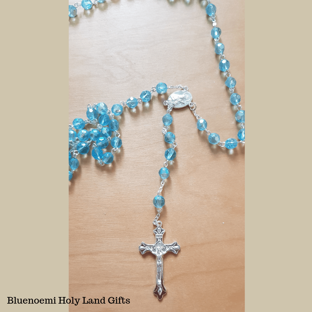 Bluenoemi Rosary blue Rosary from the Holy Land - Jerusalem Cross- Blue Crystals Beads.