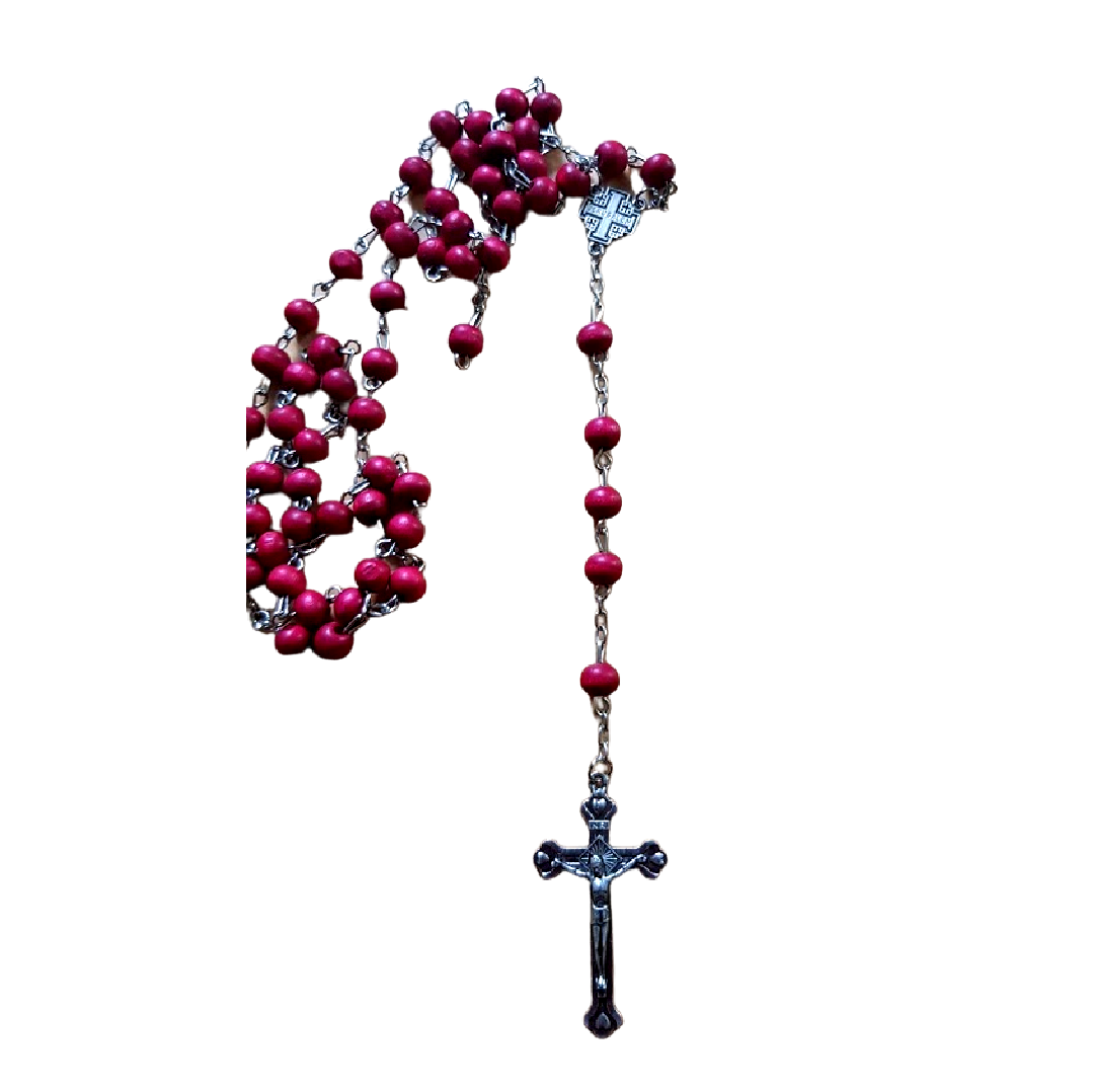 Pray the Rosar - red Rosary from the Holy Land - Jerusalem Cross - Red Scented Wood Beads