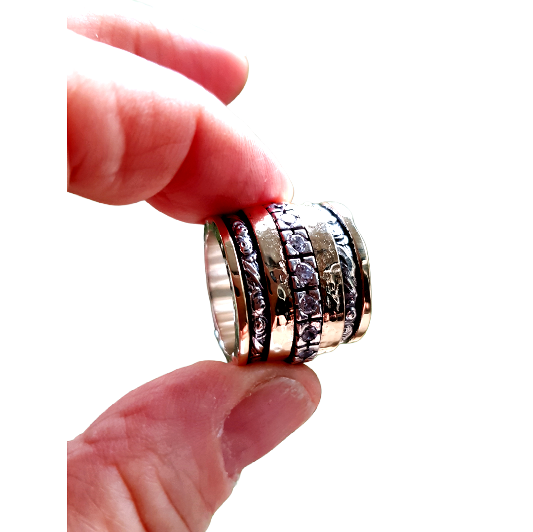 Bluenoemi Spinner Rings Bluenoemi - BR003 - Spinner Ring - Woman - Silver Gold Zircons- All Sizes - Spinning Rings