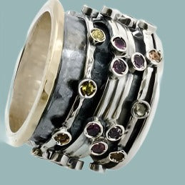 Bluenoemi Spinner Rings Bluenoemi fine Israeli Spinner Ring for Woman, Silver Gold Fidget Ring set Tourmalines