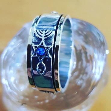 Bluenoemi Spinner Rings Messianic spinner ring silver & gold star David fish menorah ring