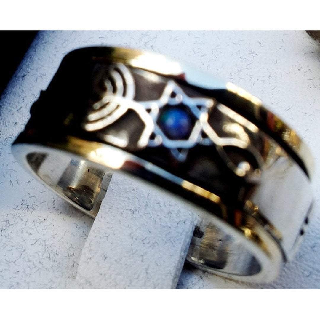 Bluenoemi Spinner Rings Messianic spinner ring silver & gold star David fish menorah ring