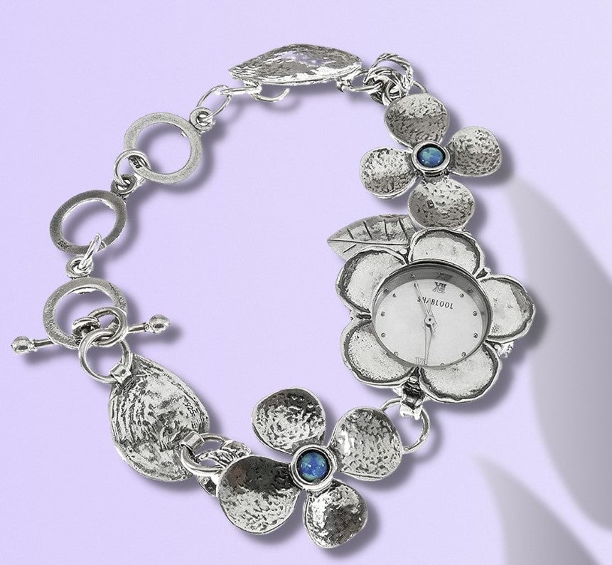 Bluenoemi Watches Sterling Silver Watch Bracelet for woman with flowers motives. Set with Pearl  or Blue Opal. Japanese Myota